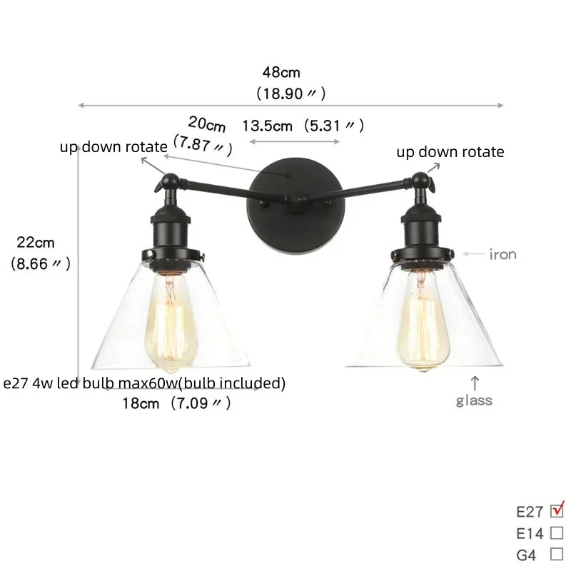 Artfan lighting Black LED Wall Lamp Sconce Industrial Loft Vintage Bathroom Mirror Light