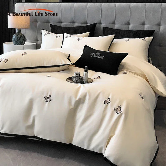 Artfan 600TC Egyptian Cotton Butterfly Embroidery Bedding Set: Duvet, Sheet, Pillowcases