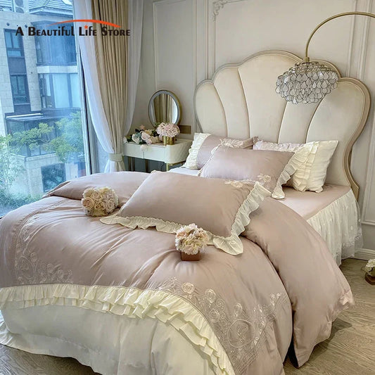 Artfan 1000TC Egyptian Cotton Flowers Embroidery Bedding Set with Vintage French Ruffles.