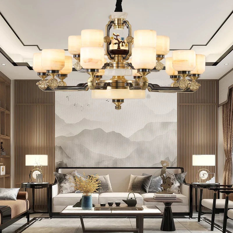 Artfan All Copper Jade Chandelier for Living Room, Villa Duplex Multi-storey Lighting