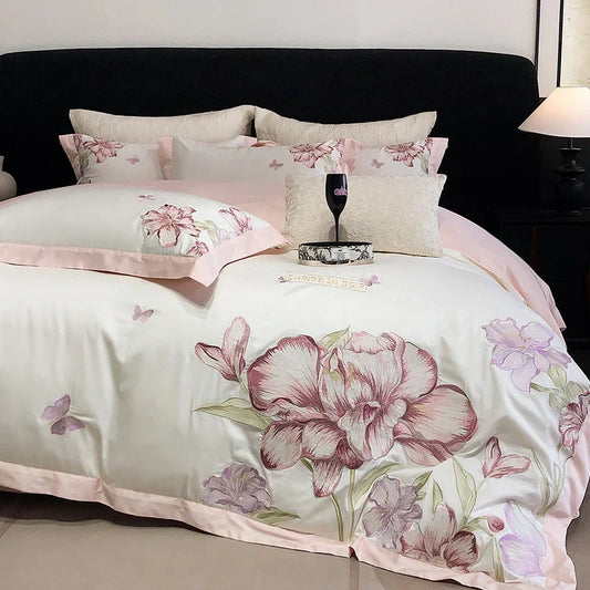 Artfan lighting Blooming Flowers Embroidery Bedding Set 600TC Egyptian Cotton Duvet Cover Queen King