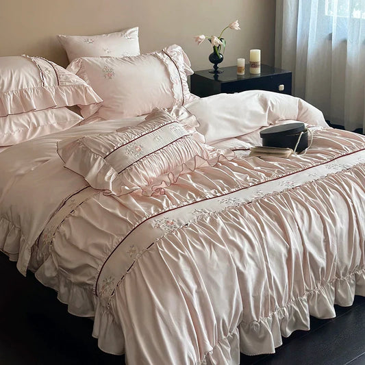 Artfan 1000TC Cotton Flowers Embroidery Lace Ruffles Bedding Set