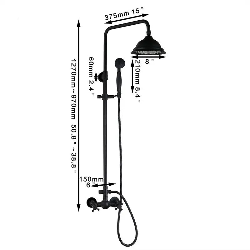 Artfan 8" Black Rain Shower Head Set with Hand Spray and Mixer Faucet