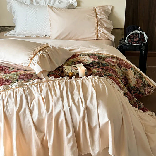 Artfan 100S Cotton Vintage Jacquard Lace Ruffles Print Bedding Set