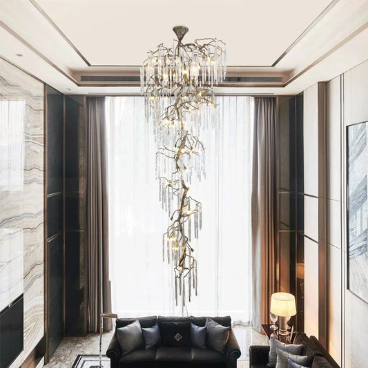 Artfan Crystal High Ceiling Staircase Chandelier Branch Hanging Loft Stairway Brass