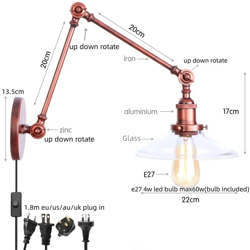 Artfan Adjustable Glass Swing Arm LED Wall Sconce with Pull Chain Switch