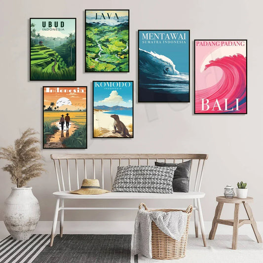 Artfan Bali Surfing Poster - Uluwatu, Canggu, Pererenan Estuary, Borobudur, Komodo, Rice Field Illustration