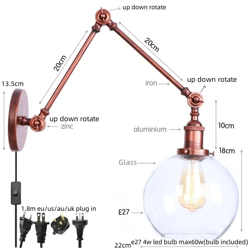 Artfan Adjustable Glass Swing Arm LED Wall Sconce with Pull Chain Switch