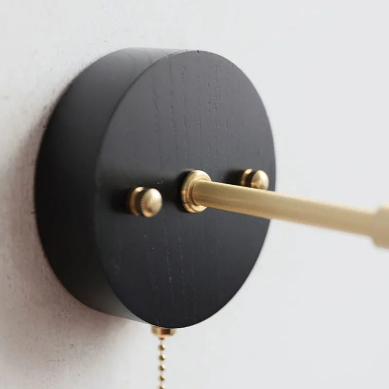 Artfan lighting Black Wood LED Wall Light with Pull Chain Switch, Rotating Japanese Style Bedside Lamp