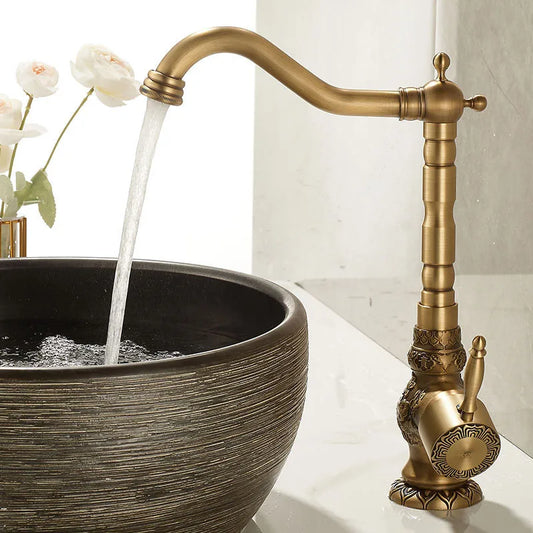 Artfan Antique Carved Brass Bathroom Sink Faucet Hot & Cold Mixer Deck Mounted Tap