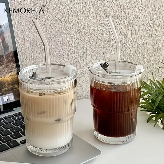 Artfan 1/2PCS 450ml Stripe Glass Cup with Lid and Straw | Stylish Party Beverage Glasses