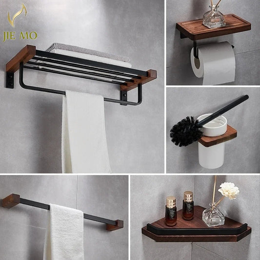 Artfan lighting Black Walnut Bathroom Set: Towel Rack, Bar, Shelf, Toilet Paper Holder, Brush Stand