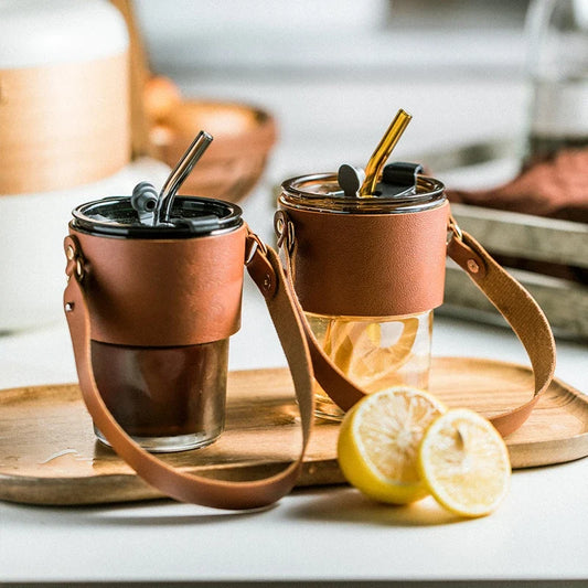 Artfan 450ml Glass Coffee Cup with Lid and Straw | Stylish Heat-Resistant Glass Mug