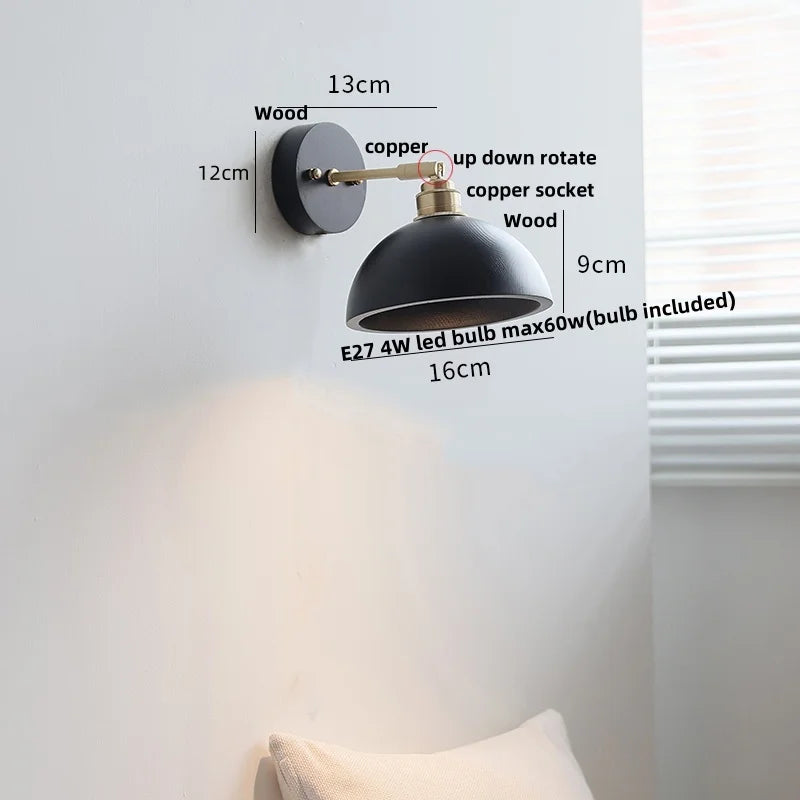 Artfan lighting Black Wood LED Wall Light with Pull Chain Switch, Rotating Japanese Style Bedside Lamp