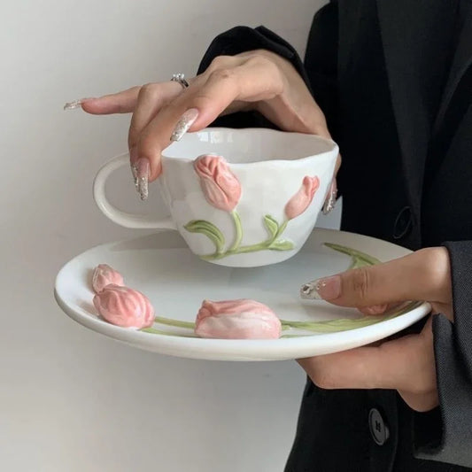 Artfan 3D Embossed Tulip Ceramic Coffee Mug - Handcrafted Irregular Flower Cup
