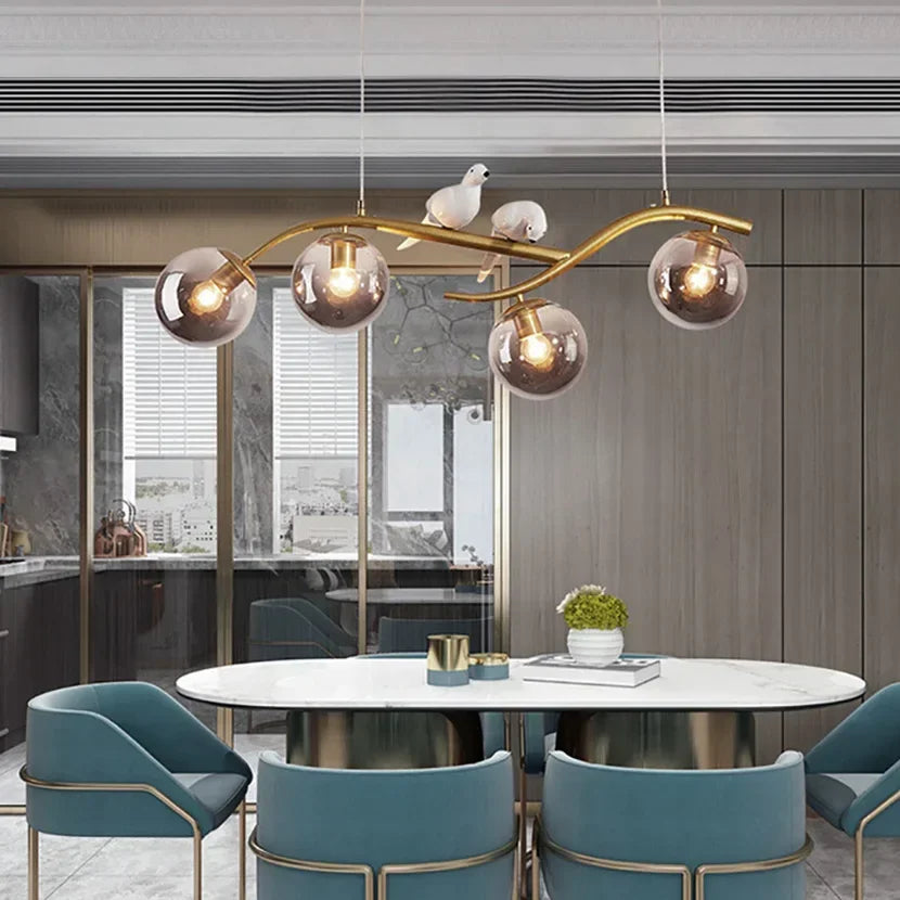 Artfan lighting Birds Hanging Glass LED Chandelier in Black & Gold Iron - Modern Kitchen Island Light