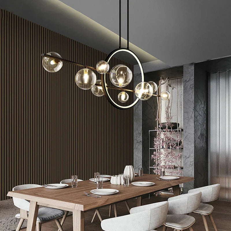 Artfan lighting Black Ring LED Pendant Light with Glass Lampshade for Dining Room and Kitchen