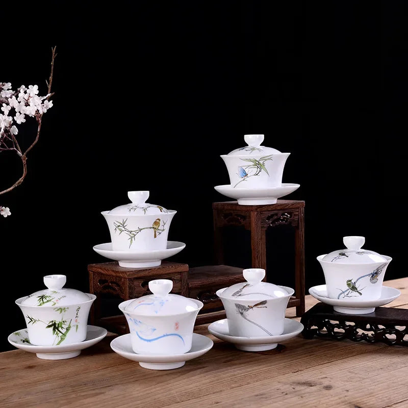 Artfan lighting Blue & White Porcelain Gaiwan Tea Set Puer Tea Cups Soup Bowl with Lid