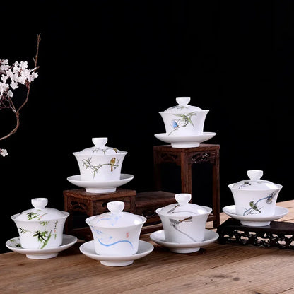 Artfan lighting Blue & White Porcelain Gaiwan Tea Set Puer Tea Cups Soup Bowl with Lid