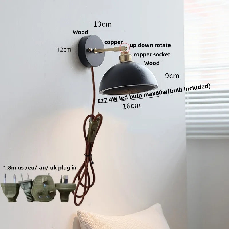 Artfan lighting Black Wood LED Wall Light with Pull Chain Switch, Rotating Japanese Style Bedside Lamp