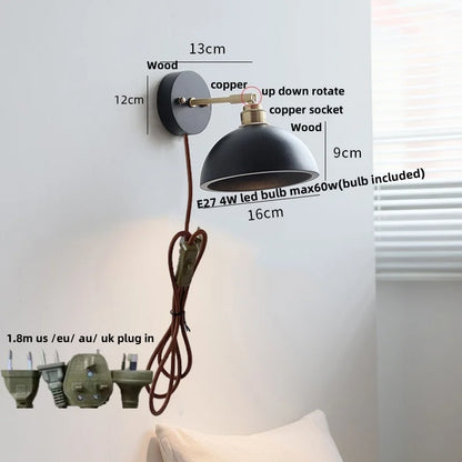 Artfan lighting Black Wood LED Wall Light with Pull Chain Switch, Rotating Japanese Style Bedside Lamp