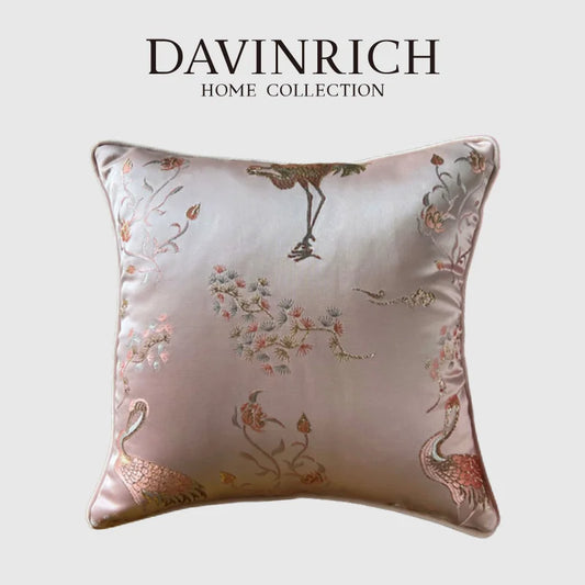 Artfan Antique Crane Floral Jacquard Luxury Lumbar Pillow Case Square Gold Stitch