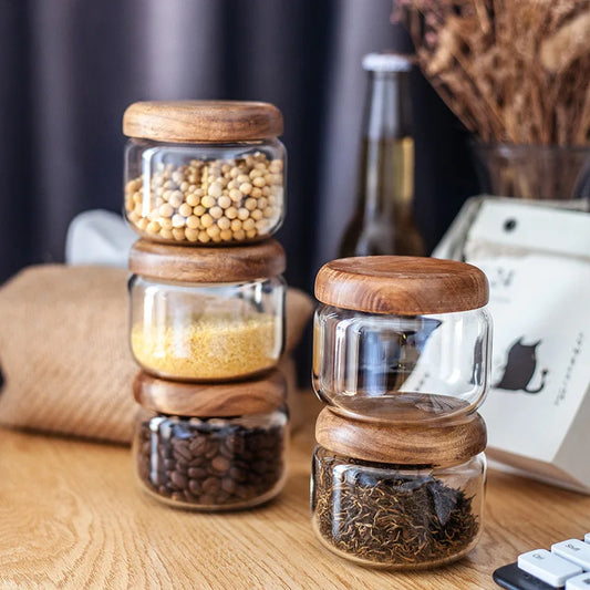 Artfan Acacia Wood Lid Clear Glass Storage Jar 300ml Dry Food Snacks Candy Spice Jar