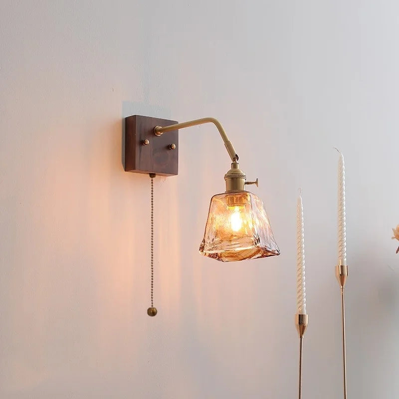 Artfan Amber Glass LED Wall Sconce Pull Chain Switch.