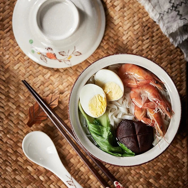 Artfan 6.5inch Retro Ceramic Ramen Bowl Set with Lid, Chopsticks, and Spoons