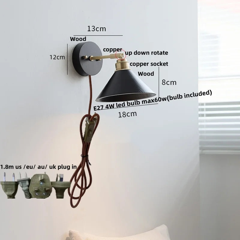 Artfan lighting Black Wood LED Wall Light with Pull Chain Switch, Rotating Japanese Style Bedside Lamp
