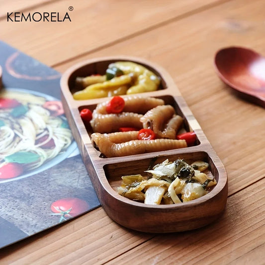Artfan Acacia Wood Oval Three-Compartment Japanese Dip Plate | Breakfast Dip Plate