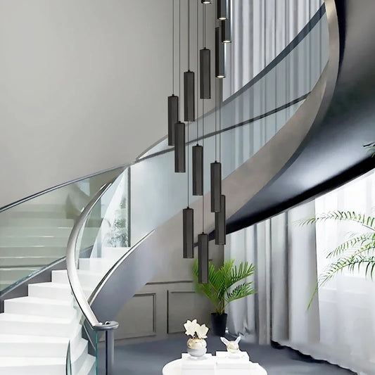 Artfan lighting Black LED Staircase Chandelier | Modern High Ceiling Pendant Light