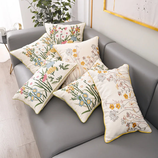 Artfan 3D Pink Flower Farmhouse Style Cushion Cover 45x45cm - Embroidered Sofa, Bed, Living Room