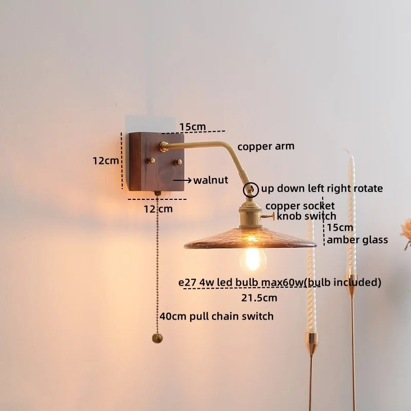 Artfan Amber Glass LED Wall Sconce Pull Chain Switch.