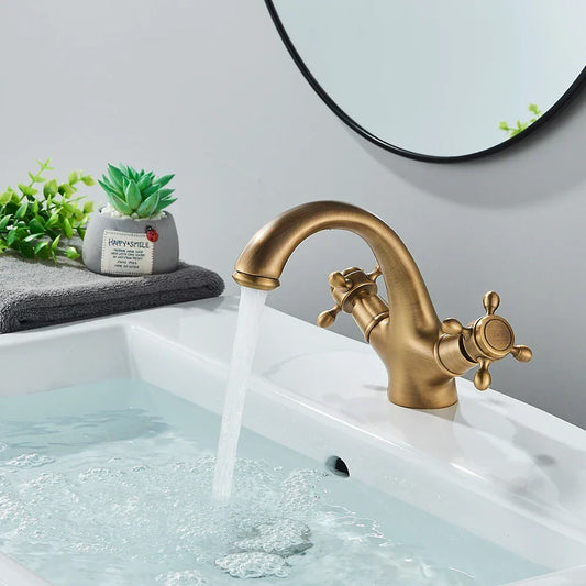 Artfan Antique Brass Dual Handle Basin Faucet Deck Mounted Bathroom Mixer Tap