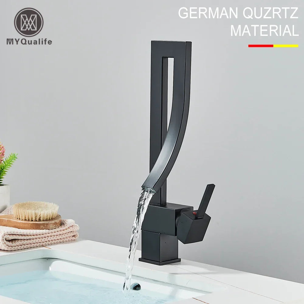 Artfan lighting Black Brass Waterfall Basin Faucet with Single Handle Mixer Tap