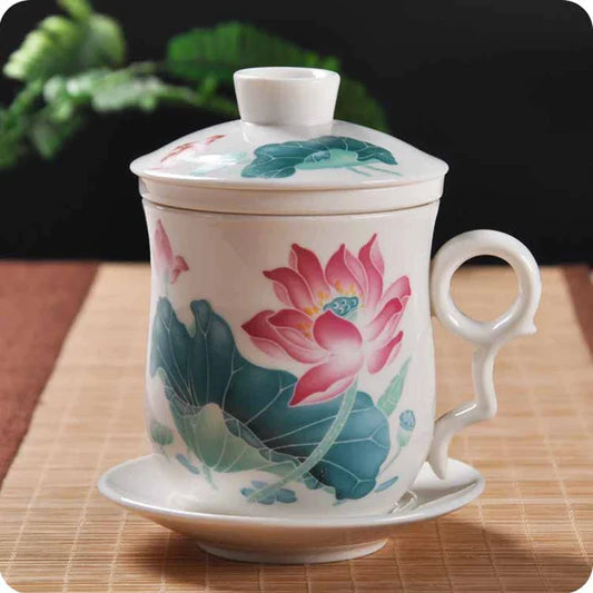 Artfan lighting Blue and White Porcelain Tea Cup with Lid and Filter