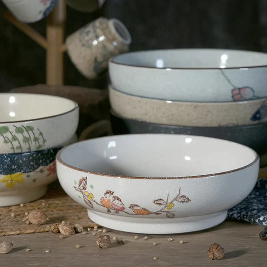 Artfan 9" Retro Ceramic Ramen Noodle Bowl - Japanese Style Soup Bowl for Pickled Cabbage Fish