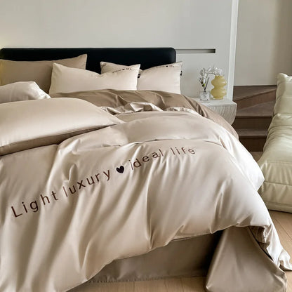 Artfan 120S Long Staple Cotton Satin Embroidery Bedding Set - Solid Color Twin Full Double Comforter