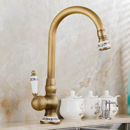 Artfan Antique Brass Swivel Spout Kitchen Faucet Single Handle Vessel Sink Mixer Tap