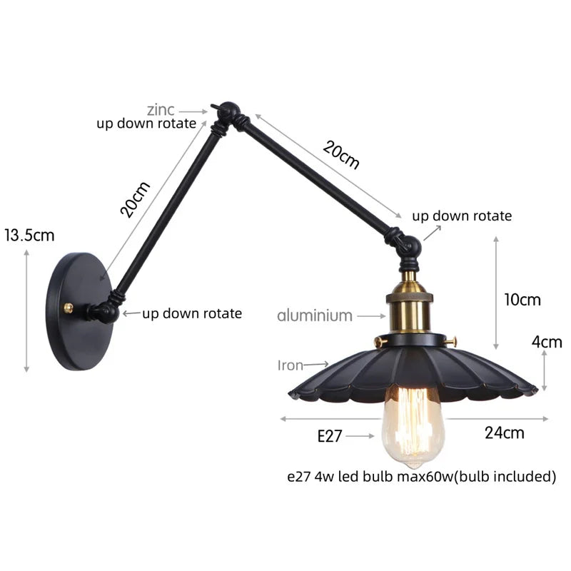 Artfan lighting Black Iron LED Wall Light Fixture Industrial Vintage Adjustable Long Arm
