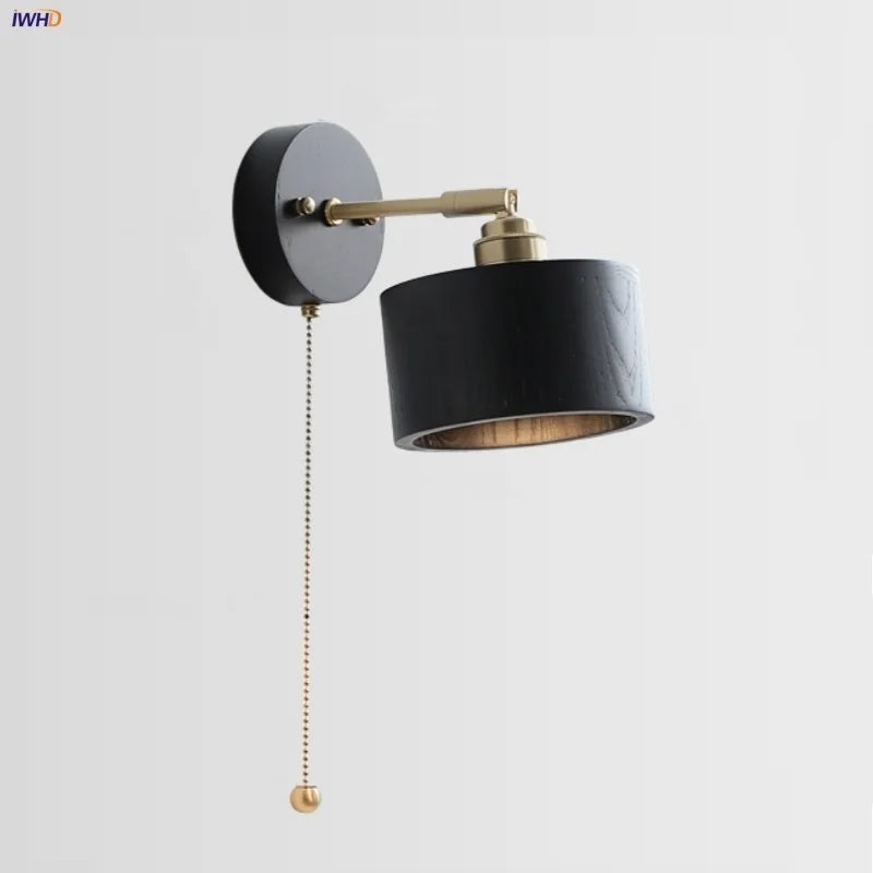 Artfan lighting Black Wood LED Wall Light with Pull Chain Switch, Rotating Japanese Style Bedside Lamp