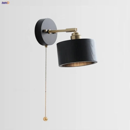 Artfan lighting Black Wood LED Wall Light with Pull Chain Switch, Rotating Japanese Style Bedside Lamp