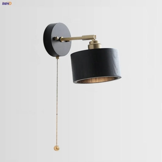 Artfan lighting Black Wood LED Wall Light with Pull Chain Switch, Rotating Japanese Style Bedside Lamp