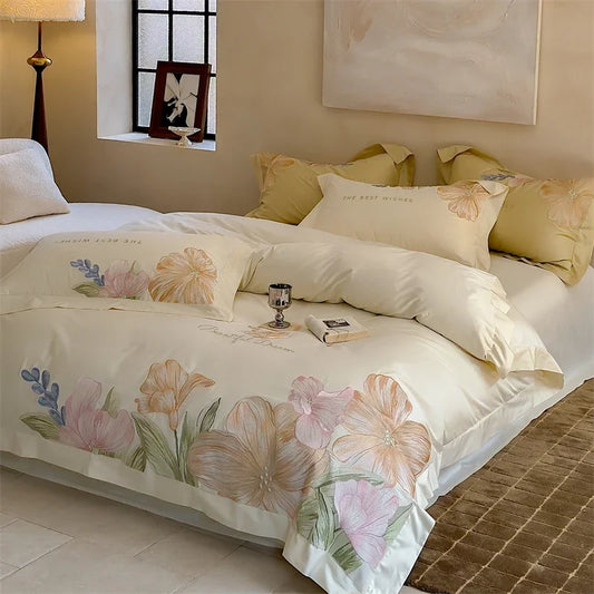 Artfan 100S Egyptian Cotton Embroidery Bed Linens Set for Queen King Euro Size