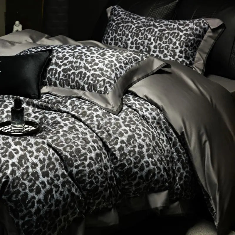 Artfan 1000TC Egyptian Cotton Grey Leopard Print Bedding Set with Duvet Cover, Sheet, Pillowcase