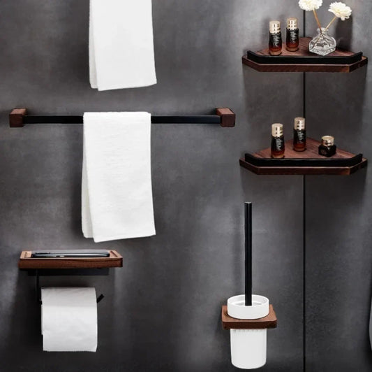 Artfan lighting Black Walnut Bathroom Set: Towel Rack, Bar, Shelf, Toilet Paper Holder, Brush Stand