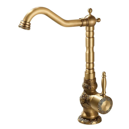 Artfan Antique Carved Brass Bathroom Sink Faucet Hot & Cold Mixer Deck Mounted Tap