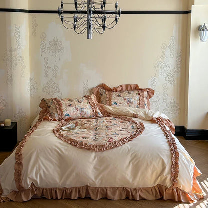 Artfan 100% Cotton French Print Lace Ruffles Bedding Set - 4 Piece Bed Sets