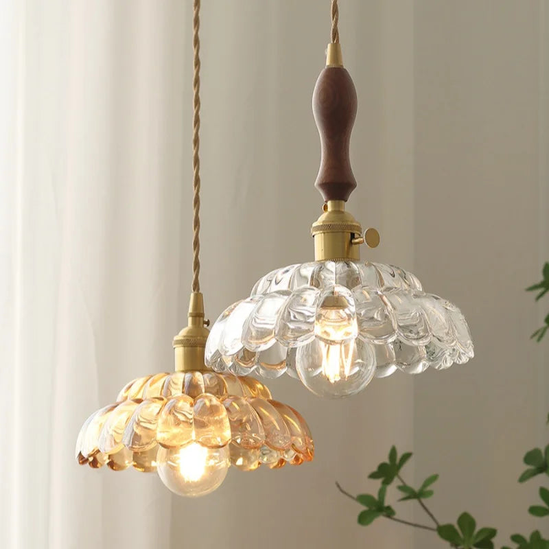 Artfan Amber Glass Walnut Wood LED Pendant Lamp with Copper Knob Switch